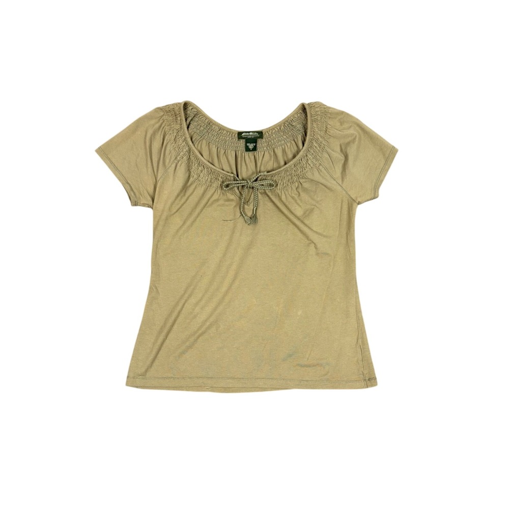 Eddie Bauer Womens Smocked Tie Front Scoop Neck Cotton T-Shirt Olive Green Small